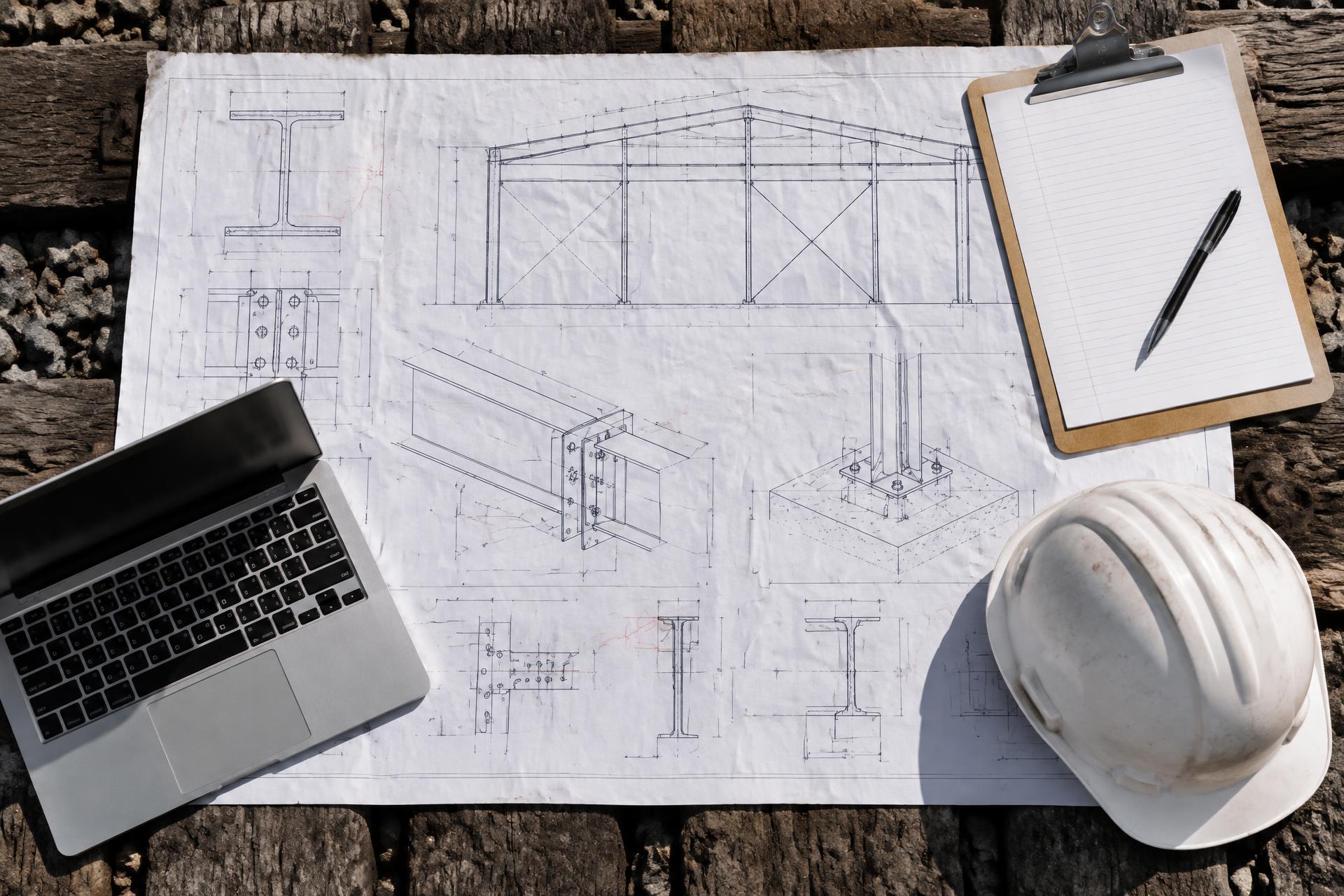 Structural steelwork drawings, a laptop and a hard hat seen from above on timber beams